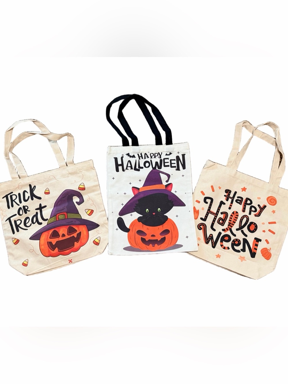 NWOT Halloween Trick or Treat Tote Bag Bundle – Set of 3 Canvas Bags